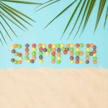 Kelime yazının, kum ve palmiye yapraklarının olduğu plaj konsepti mavi arka planda. Minimum arka planda tropik yaz plajı konsepti.