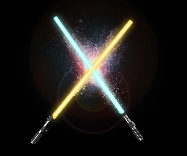 Two light sabers crossing together isolated on black — Stock Photo, Image