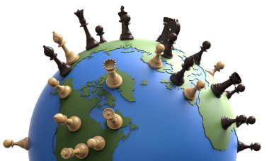 symbol of geopolitics the world globe with chess pieces  clipart