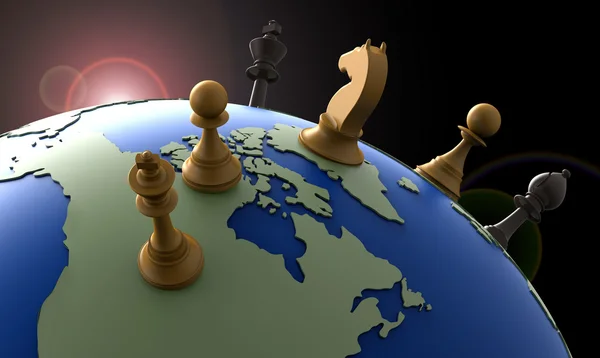 Symbol of geopolitics the world globe with chess pieces — Stock Photo, Image