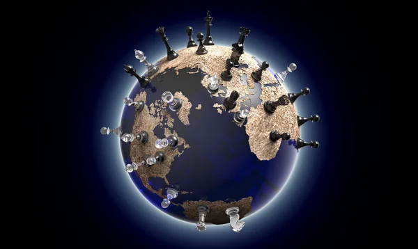 Símbolo da geopolítica o globo mundial com peças de xadrez — Fotografia de Stock