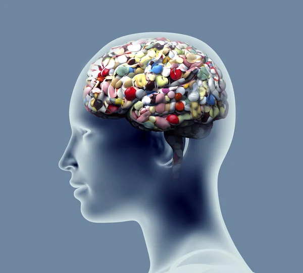 Xray of human head with pills and drugs for brain. — Stock Photo, Image