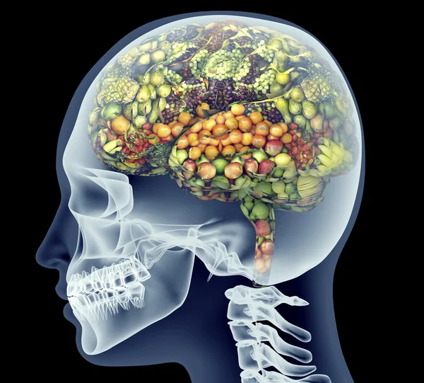 XRay-emberi fej gyümölcs és zöldség, az agy. — Stock Fotó