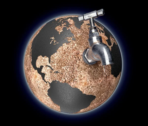 Глобальна концепція посухи, суха планета Земля з водяним краном . — стокове фото