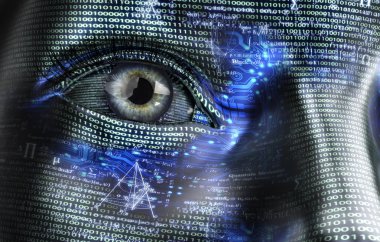 Elektronik kadın ya da kadın cyborg ikili arka plan üzerinde izole