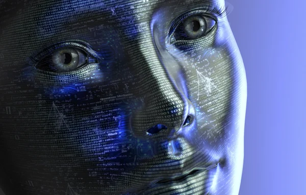 Ηλεκτρονικό γυναίκα ή θηλυκά cyborg απομονώνονται σε υπόβαθρο δυαδική — Φωτογραφία Αρχείου