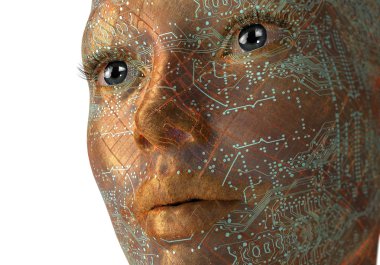 Elektronik kadın ya da kadın cyborg ikili arka planda, 3d illust