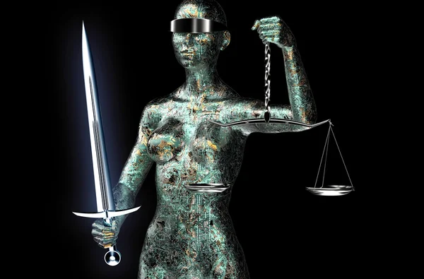 法律计算机法官概念，孤立在黑色的正义女神 — 图库照片