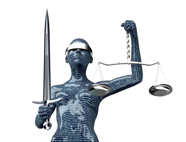 法律计算机法官概念，正义女神上白色孤立 — 图库照片