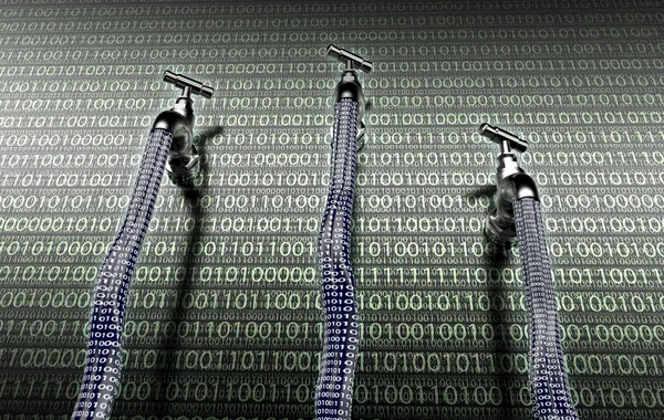 Conceito de software com vazamento, dados com uma torneira saindo — Fotografia de Stock