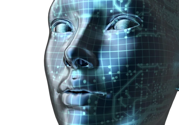 Ηλεκτρονική γυναίκα ή θηλυκά cyborg σε δυαδική φόντο, — Φωτογραφία Αρχείου