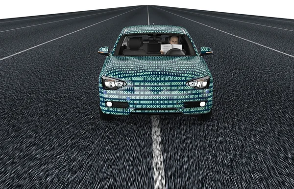 Self driving electronic computer car on road — Stock Photo, Image