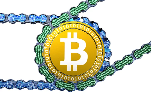 Комп'ютер blockchain з bitcoin ізольовані на білому — стокове фото