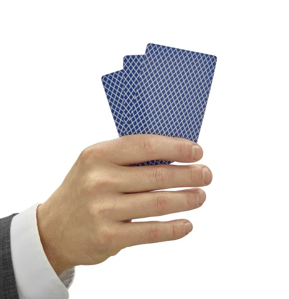 Hand holding 3 cards isolated on white with clipping path — Stock Photo, Image