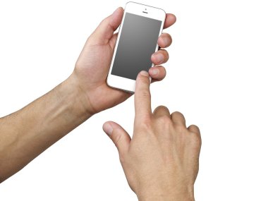 beyaz izole bir telefon holding eller