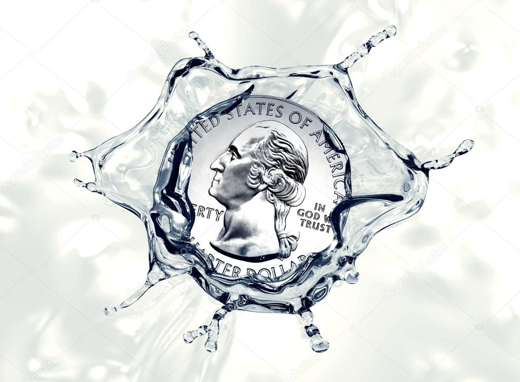 quarter dollar coin splashing into water