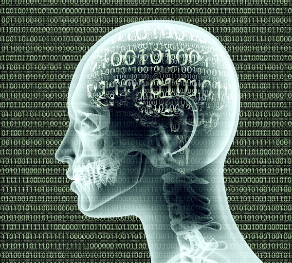 Imagen de rayos X de la cabeza humana con código binario para un cerebro — Foto de Stock
