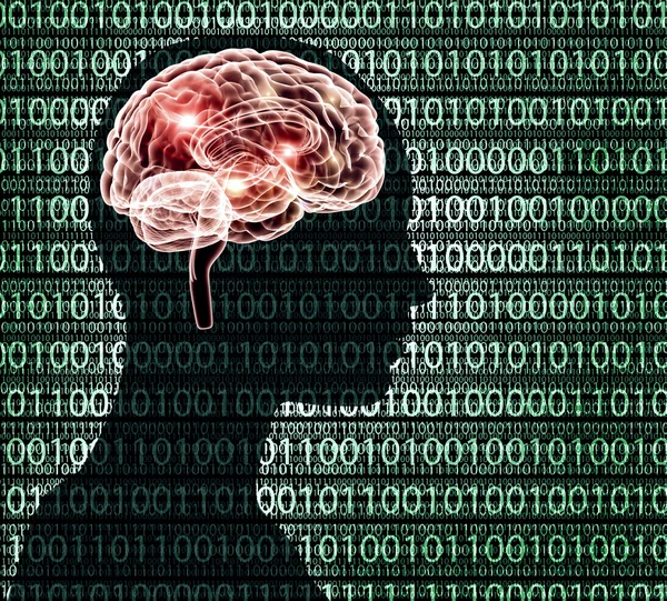 Imagen de rayos X de la cabeza humana con código binario y un cerebro — Foto de Stock