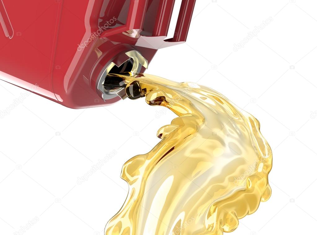 red jerry can with fuel pouring and splasing out of it