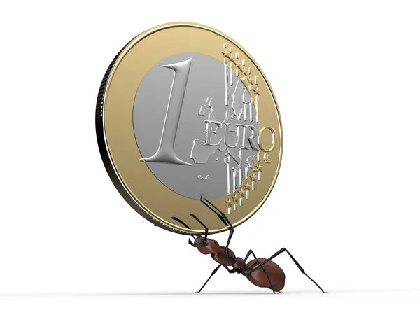 Муравей поднимает монету евро, изолированную на белом — стоковое фото
