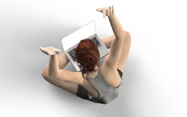 Hura, Frau sitzt glücklich hinter einem Laptop isoliert auf weiß — Stockfoto