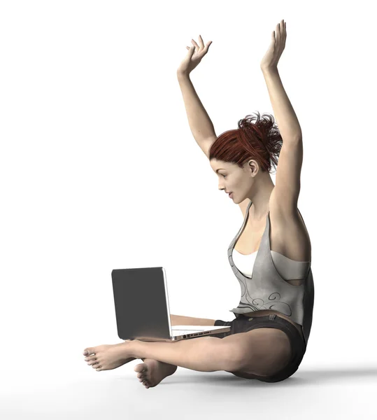 Hura, женщина, сидящая счастливая за ноутбуком, изолированным на белом Стоковое Изображение