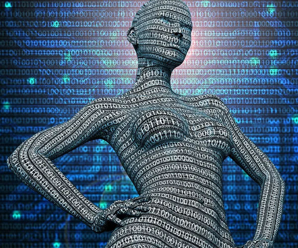 Cyborg electrónico de mujer o mujer aislado sobre fondo binario — Foto de Stock