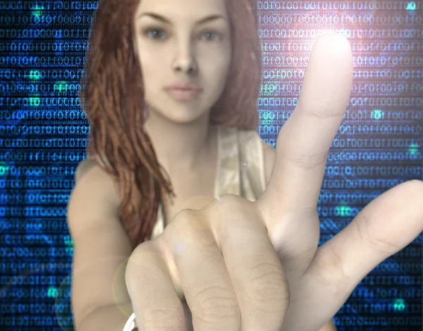 按虚拟计算机屏幕与手指的女人 — 图库照片
