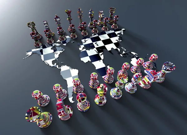 Tabuleiro de xadrez fora do mapa do mundo com jogo de xadrez — Fotografia de Stock