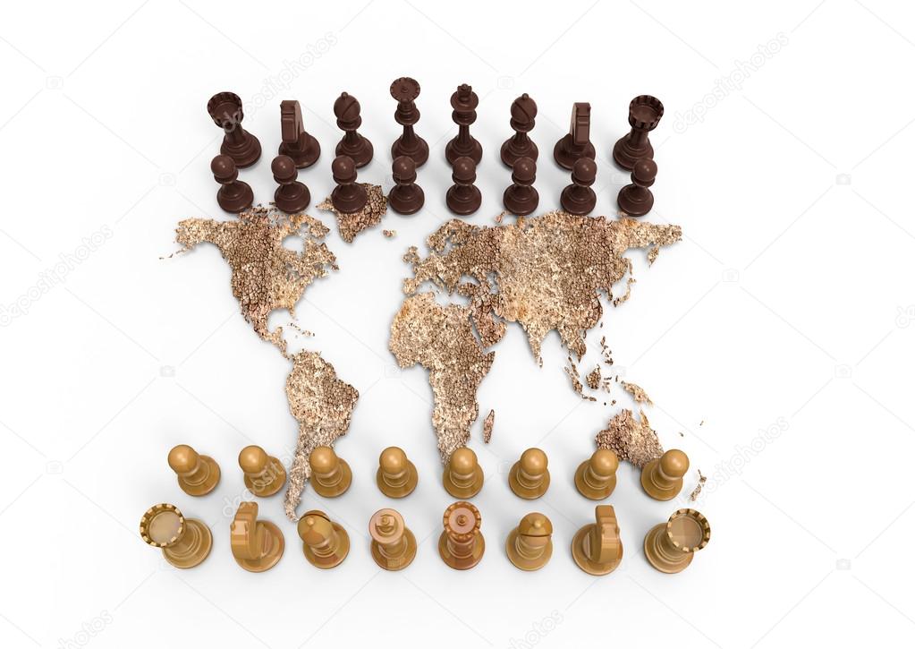 chess board out of a dry world map with chess play