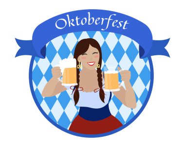 Bira bardaklarıyla Oktoberfest kızı. Bavyera elbisesi içindeki güzel, gülümseyen kadın. Geleneksel arka plan ve mavi eşkenar dörtlükler. Vektör düz resimleme