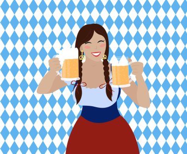 Bira bardaklarıyla Oktoberfest kızı. Bavyera elbisesi içindeki güzel, gülümseyen kadın. Geleneksel arka plan ve mavi eşkenar dörtlükler. Vektör düz resimleme.