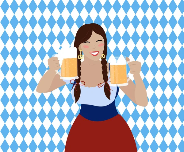 Menina Oktoberfest Com Canecas Cerveja Mulher Sorridente Bonita Dirndl Vestido — Vetor de Stock