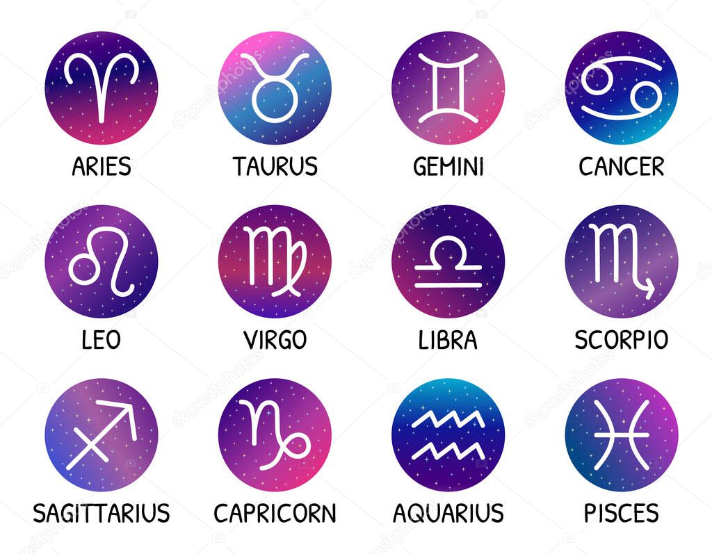 Zodiac signs. Star design. Vector set. Zodiac symbols on starry sky backround. Astrological elements isolated
