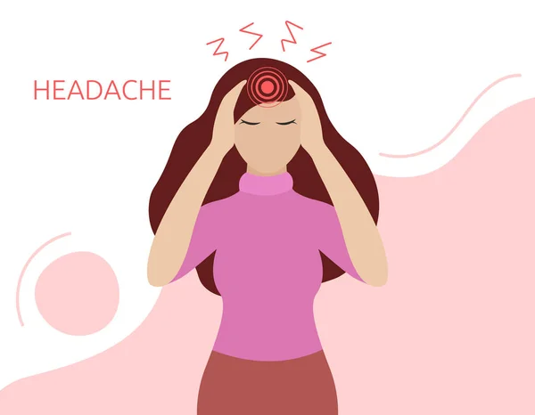 頭痛の種だ 病気の女性は彼女の頭を保持し 痛みを感じます 病気の概念 ベクトル平図 — ストックベクタ