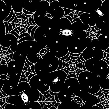 Cadılar Bayramı modeli. Örümcek ağı ve sevimli örümcekler. 31 Ekim 'de kusursuz bir geçmişi vardı. Siyah ve beyaz ürkütücü desen.