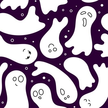 Hayalet desenli vektör. 31 Ekim 'de cadılar bayramının kusursuz bir geçmişi oldu. Mor ve beyaz ürkütücü desen.