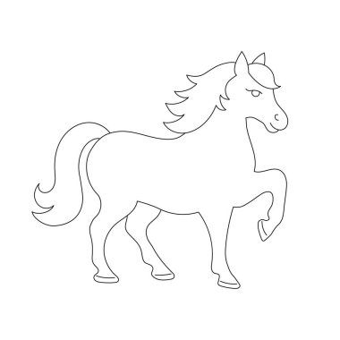 Güzel bir at çizgisi çizimi. Boyama sayfaları, çocuk aktiviteleri, eğitim materyalleri ve yaratıcı tasarım projeleri için hoplayıp zıplayan atın basit bir taslağı. 2026 sembolü.