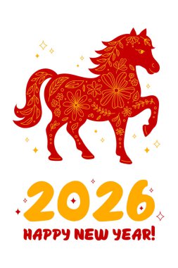2026 Mutlu Yeni Yıl Atı tebrik kartı dikey. Ay 'ın yeni yıl sembolünün vektör çizimi, Çin Zodiac hayvan atı. Geleneksel kırmızı ve altın renkler ve yaratıcı botanik, çiçek süsü.