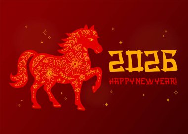 Mutlu 2026 Yeni Yıl Atı tebrik kartı, poster, afiş. Ay 'ın yeni yıl sembolünün vektör çizimi, Çin Zodiac hayvan atı. Geleneksel kırmızı ve altın renkler ve yaratıcı botanik, çiçek süsü.