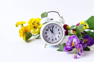 Beyaz arka plandaki viyola çiçekleri arasındaki beyaz alarm saati, yazı için bir yer - ılık bahar günlerinin gelişi konsepti
