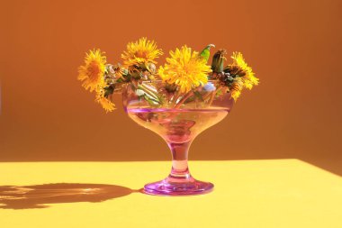 Bir buket sarı karahindiba. Mor cam vazoda. Güneşte sarı bir zemin üzerinde.