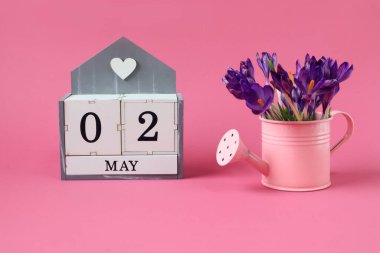 2 Mayıs takvimi: 0 ve 2 sayılı küpler, Mayıs ayının ismi, pembe arka planda bir buket mor timsah olan pembe sulama kutusu.