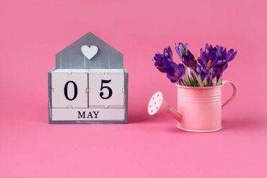5 Mayıs takvimi: 0 ve 5 sayılı küpler, Mayıs ayının ismi, pembe arka planda bir buket mor timsah olan pembe sulama kutusu.