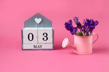 3 Mayıs takvimi: 0 ve 3 sayılı küpler, Mayıs ayının İngilizce adı, pembe arka planda bir buket mor timsah olan pembe sulama kutusu.
