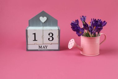 13 Mayıs takvimi: 13 numaralı bir küp, Mayıs ayının adı İngilizce, pembe arka planda bir buket mor timsah olan pembe bir sulama kutusu.