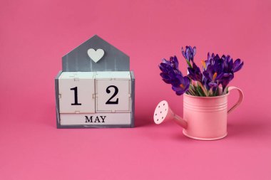12 Mayıs takvimi: 12 numaralı bir küp, Mayıs ayının İngilizce adı, pembe arka planda bir buket mor timsah olan pembe bir sulama kutusu.