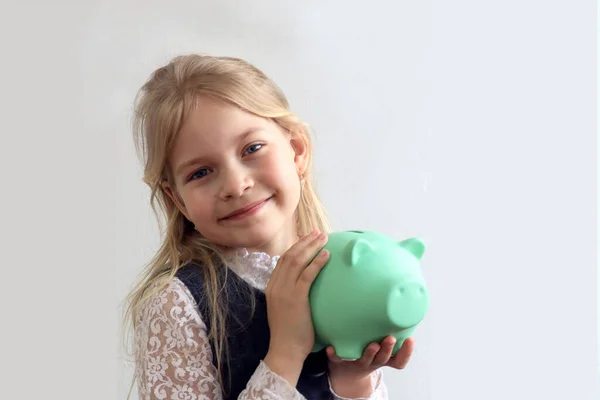 Smiling Ten Year Old Girl Blonde Hair Holds Piggy Bank — Stock Photo, Image