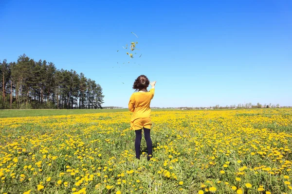 Ten Year Old Child Yellow Dress Throws Bouquet Dandelions Spring — Stock Photo, Image