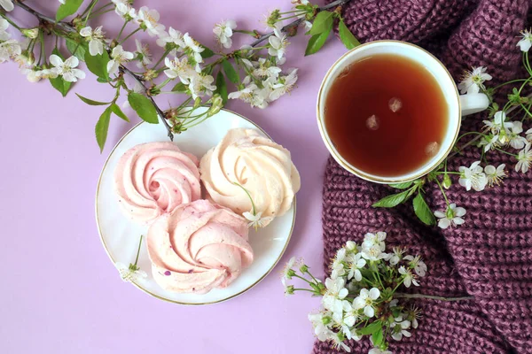 Rózsaszín Mályvacukor Egy Tányéron Egy Csésze Tea Egy Kötött Lila — Stock Fotó